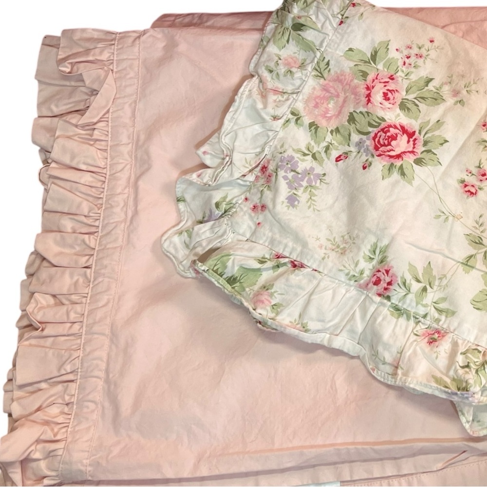 Shabby Chic Style Ruffled Pink Twin Flat Sheet & Ruffled Floral Std Sham Cotton